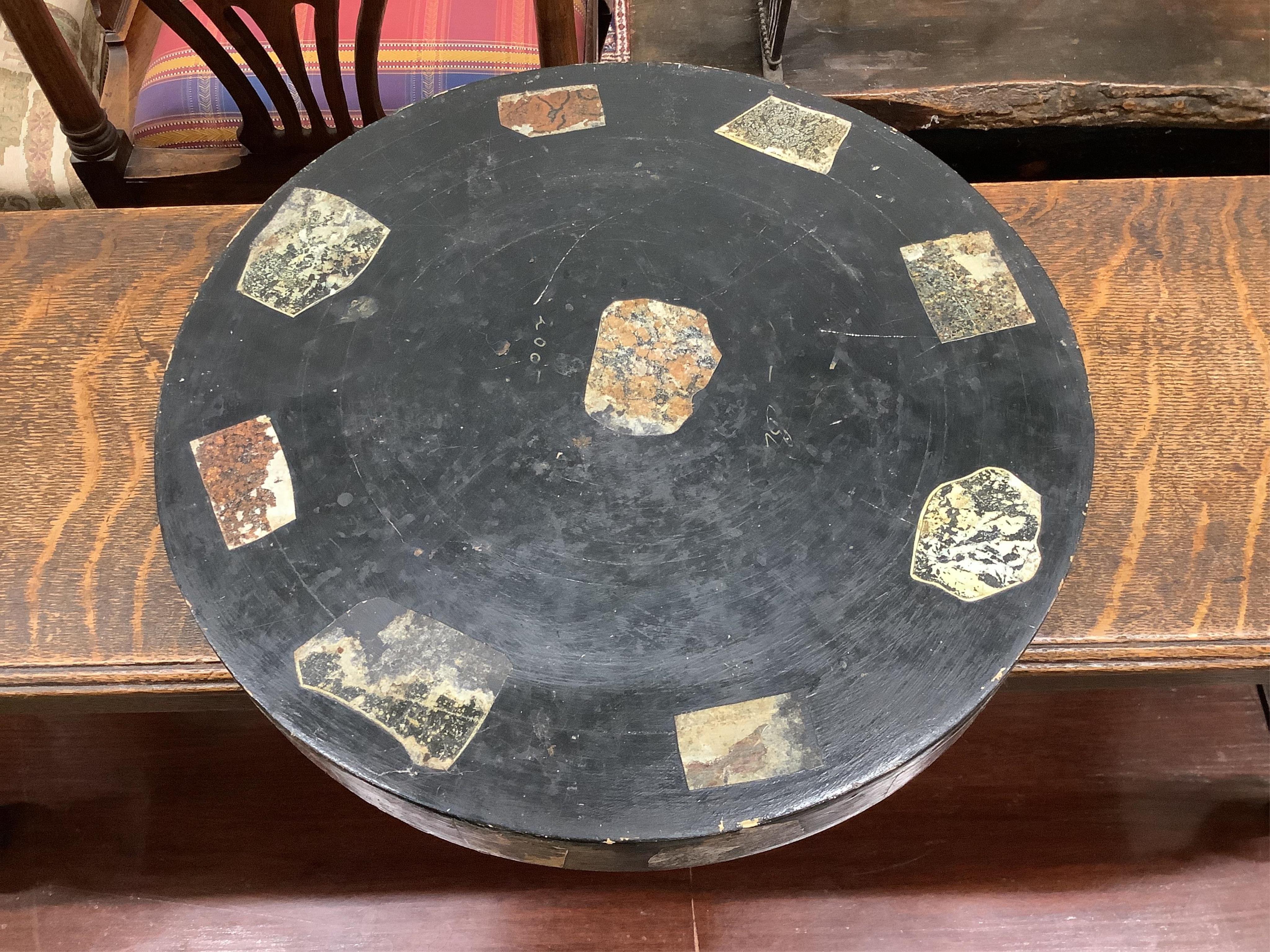 Julia Black, a decoupage butler's tray on folding stand, width 58cm, height 78cm, together with a circular tray. Condition - fair